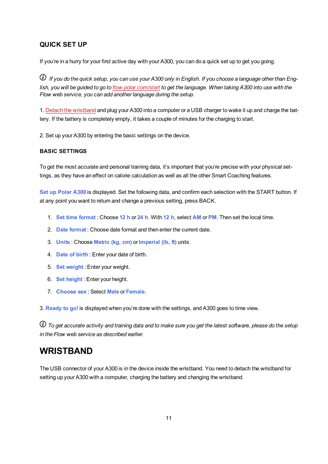 Polar A300 user manual Wristband, Quick SET UP, Basic Settings 