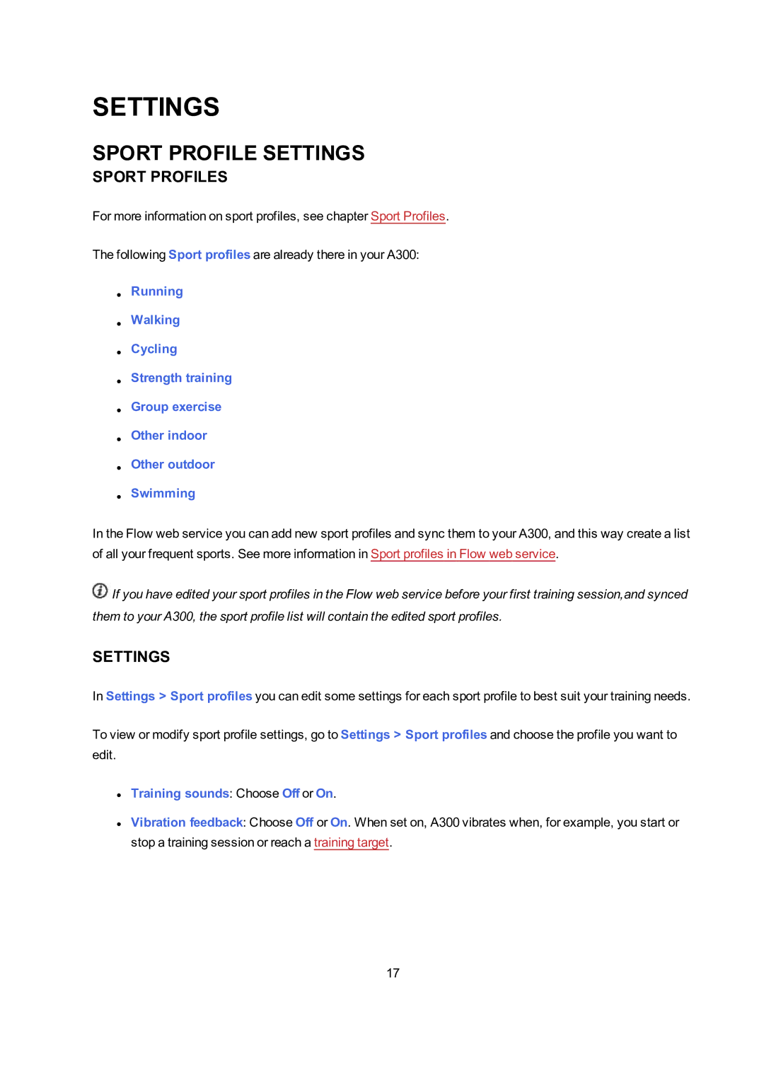 Polar A300 user manual Sport Profile Settings, Sport Profiles 