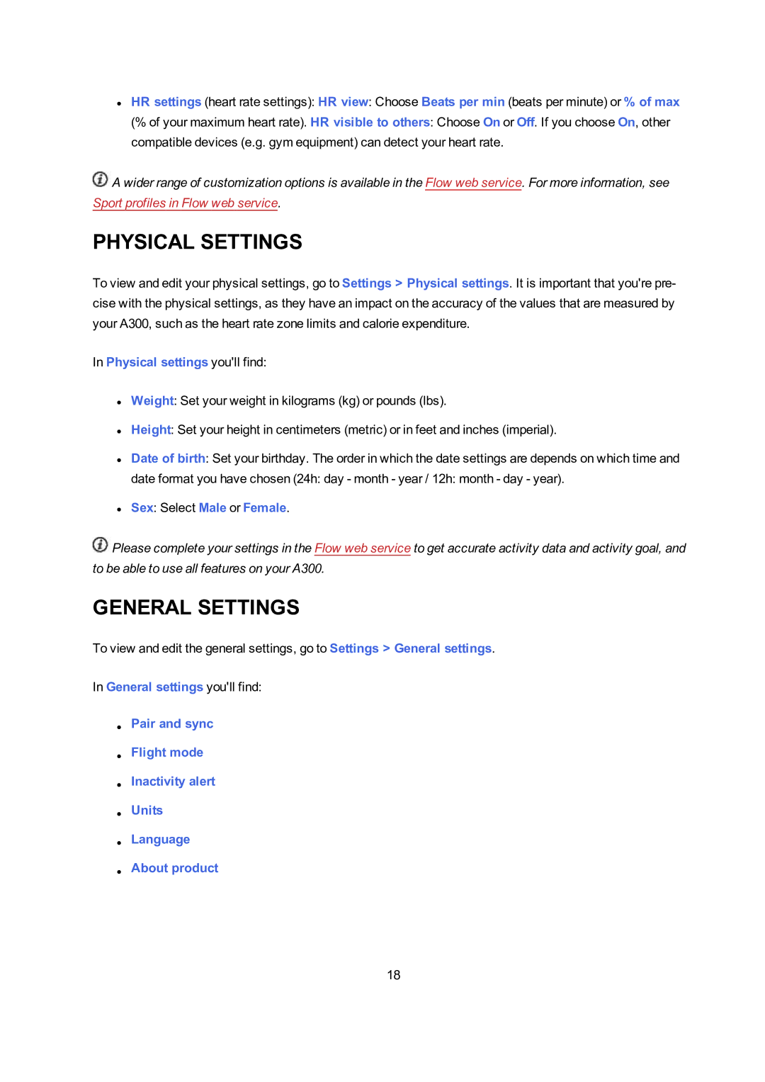 Polar A300 user manual Physical Settings, General Settings 