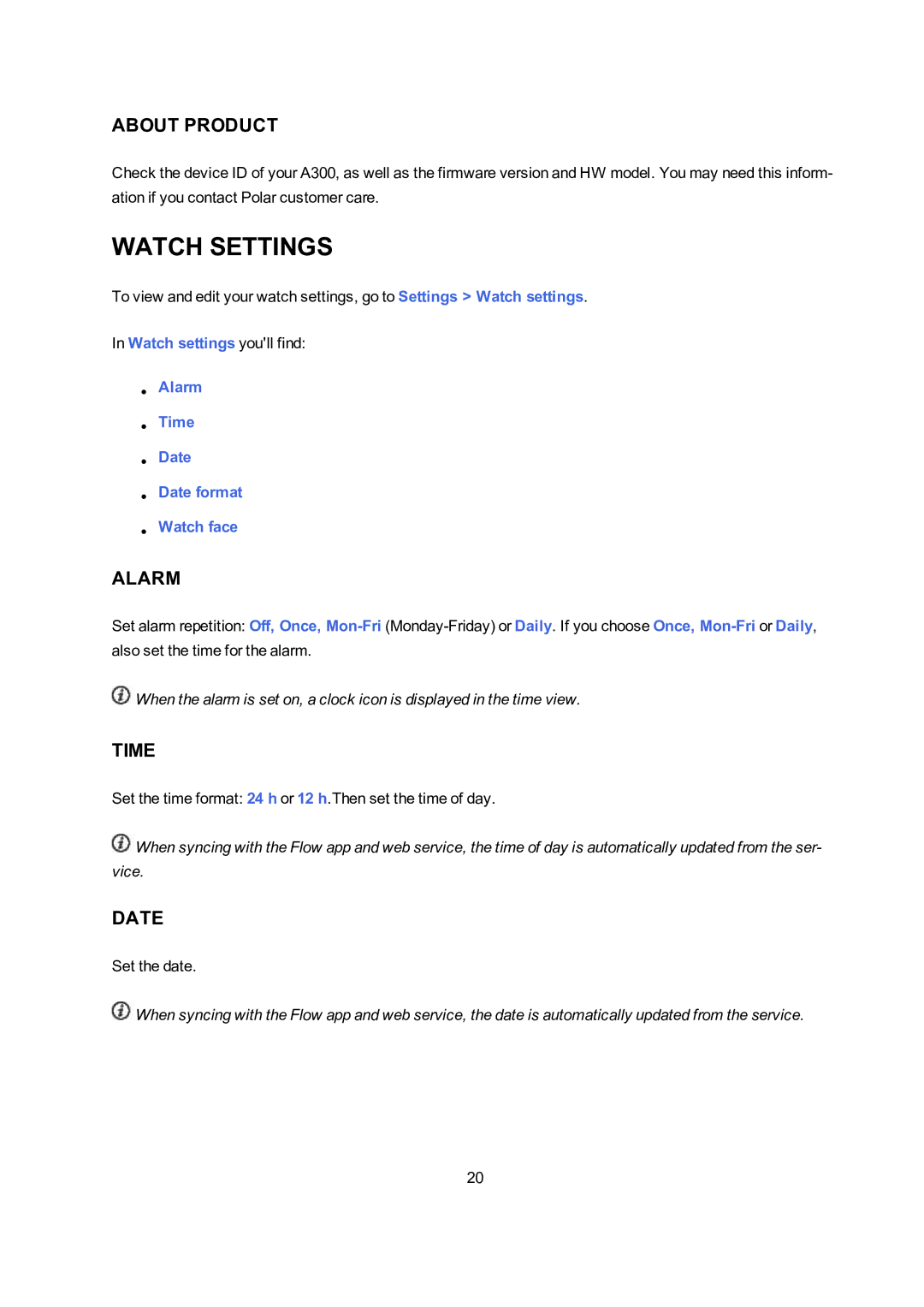 Polar A300 user manual Watch Settings, About Product, Alarm, Time, Date 