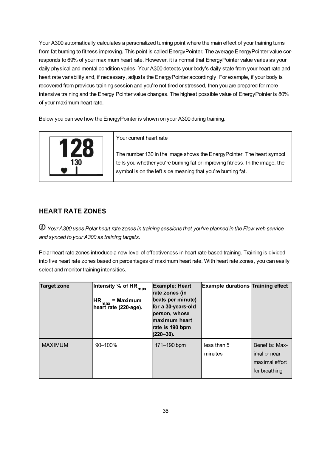 Polar A300 user manual Heart Rate Zones, Target zone Intensity % of HRmax, Example Heart 