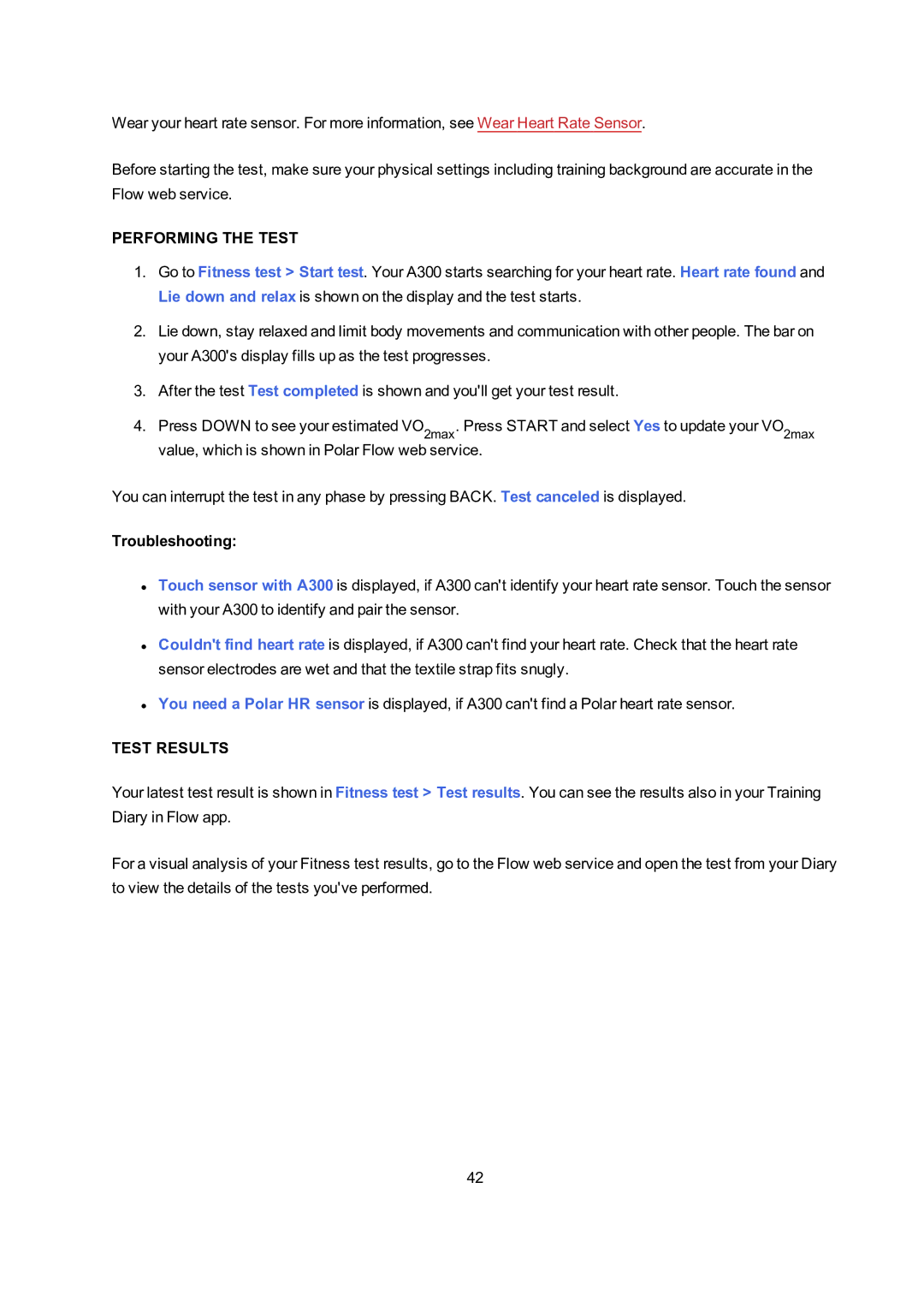 Polar A300 user manual Performing the Test, Troubleshooting, Test Results 