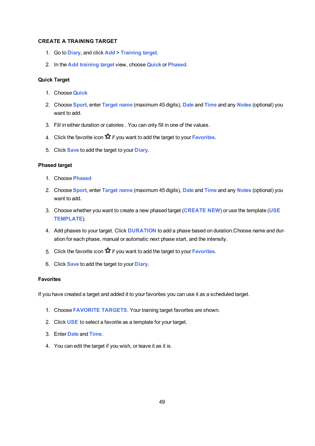 Polar A300 user manual Create a Training Target, Quick Target, Phased target, Favorites 