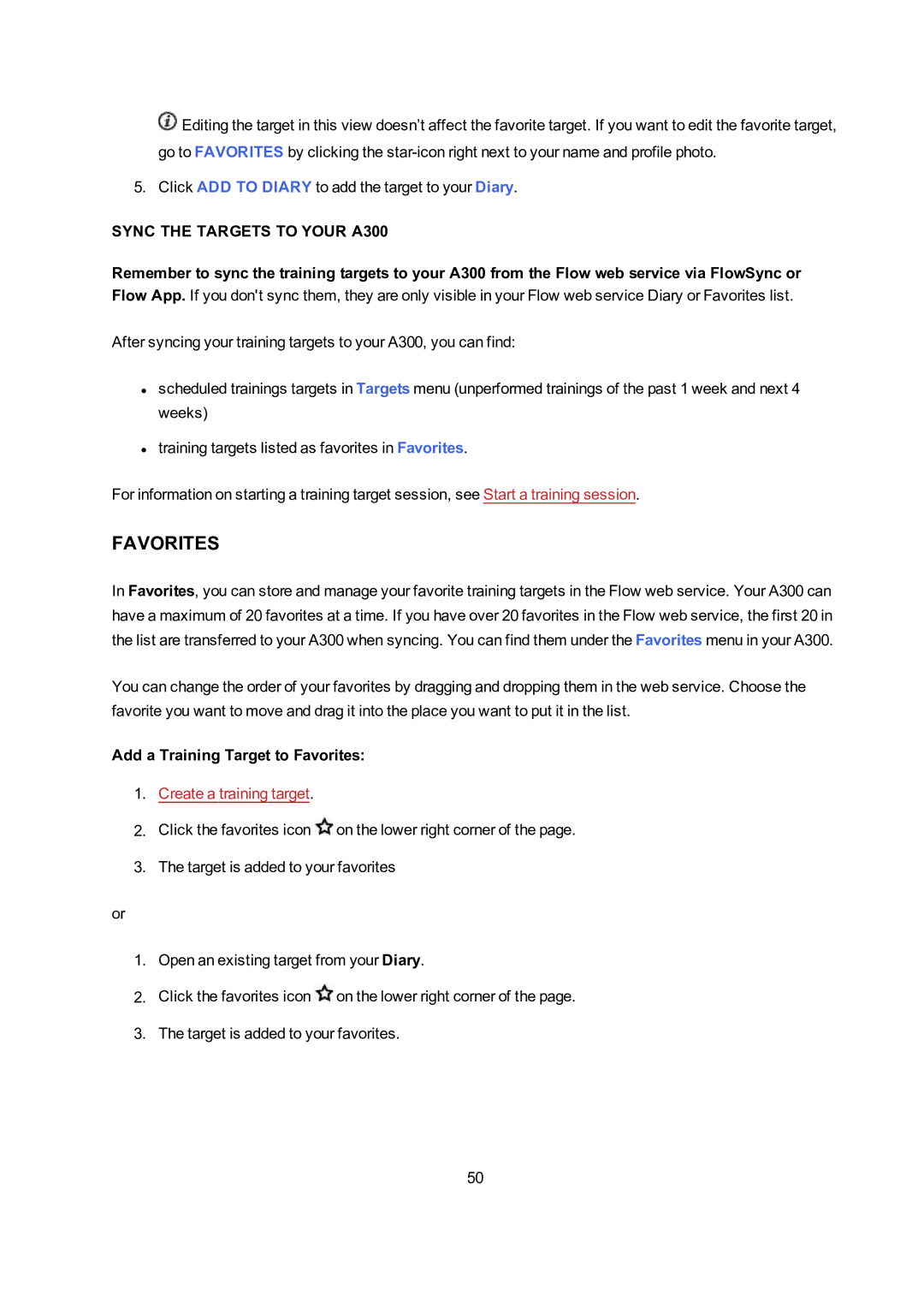 Polar user manual Sync the Targets to Your A300, Add a Training Target to Favorites 