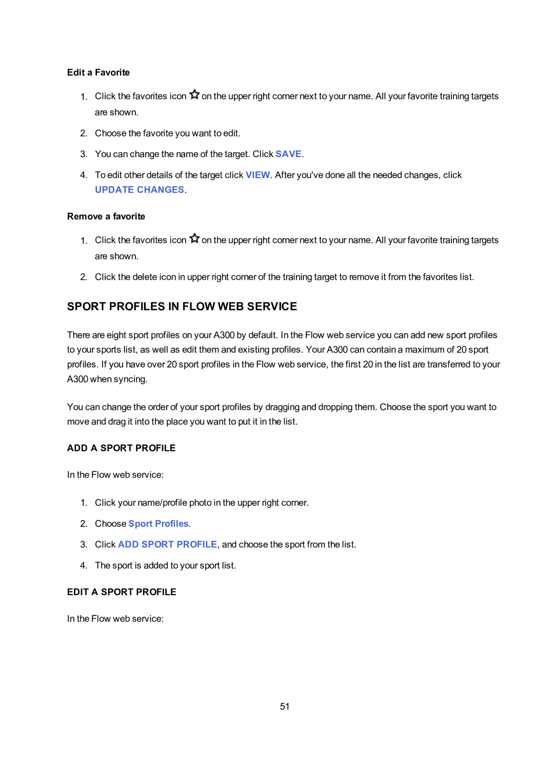 Polar A300 user manual Sport Profiles in Flow WEB Service, Edit a Favorite, Remove a favorite, ADD a Sport Profile 