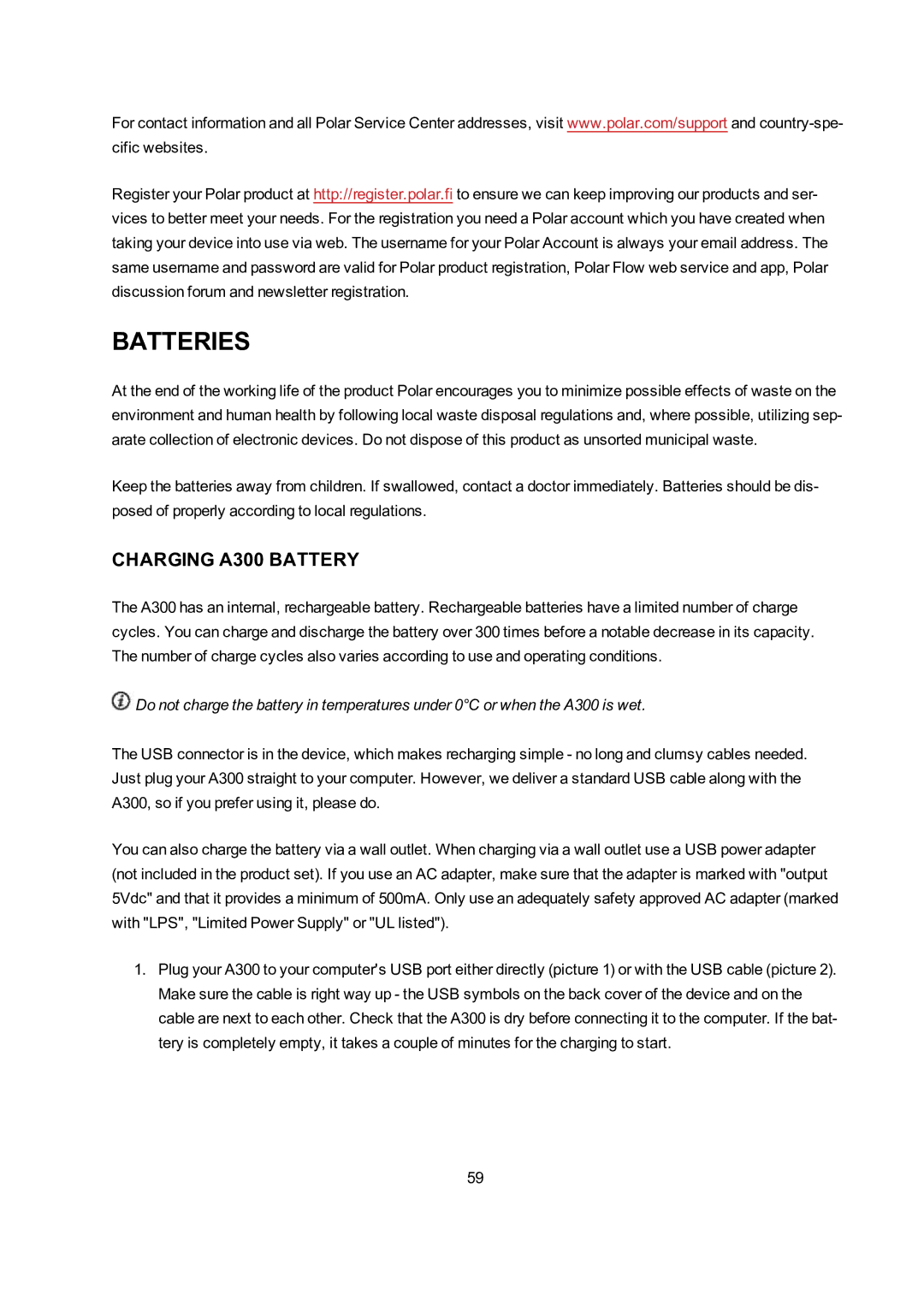 Polar user manual Batteries, Charging A300 Battery 