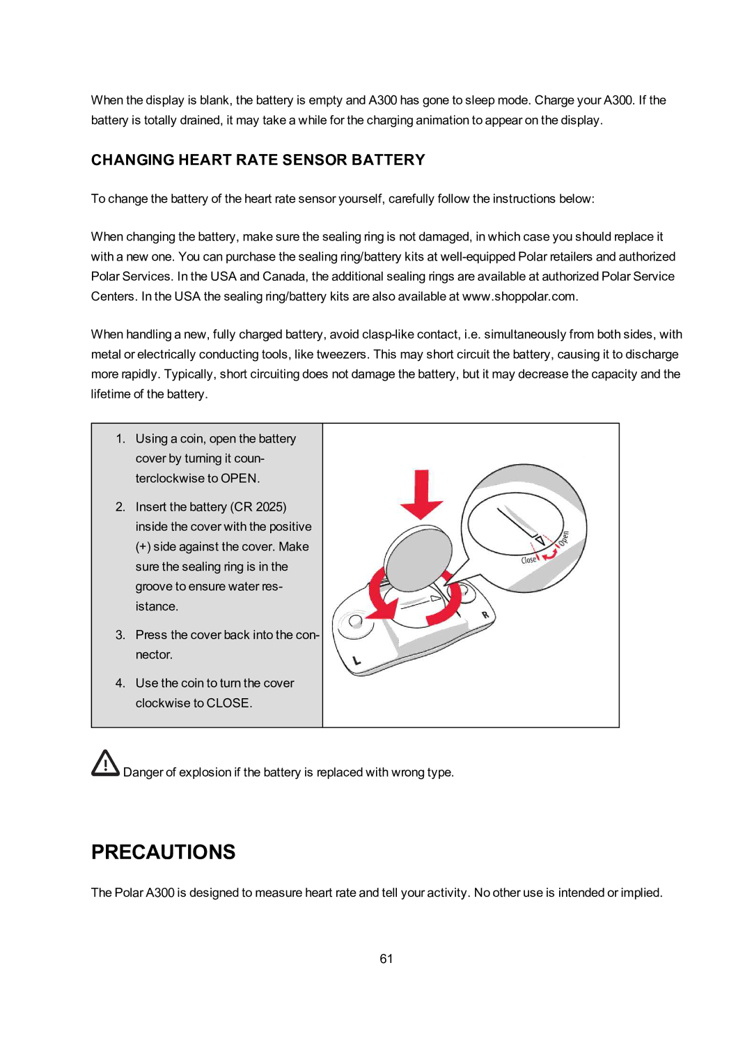 Polar A300 user manual Precautions, Changing Heart Rate Sensor Battery 