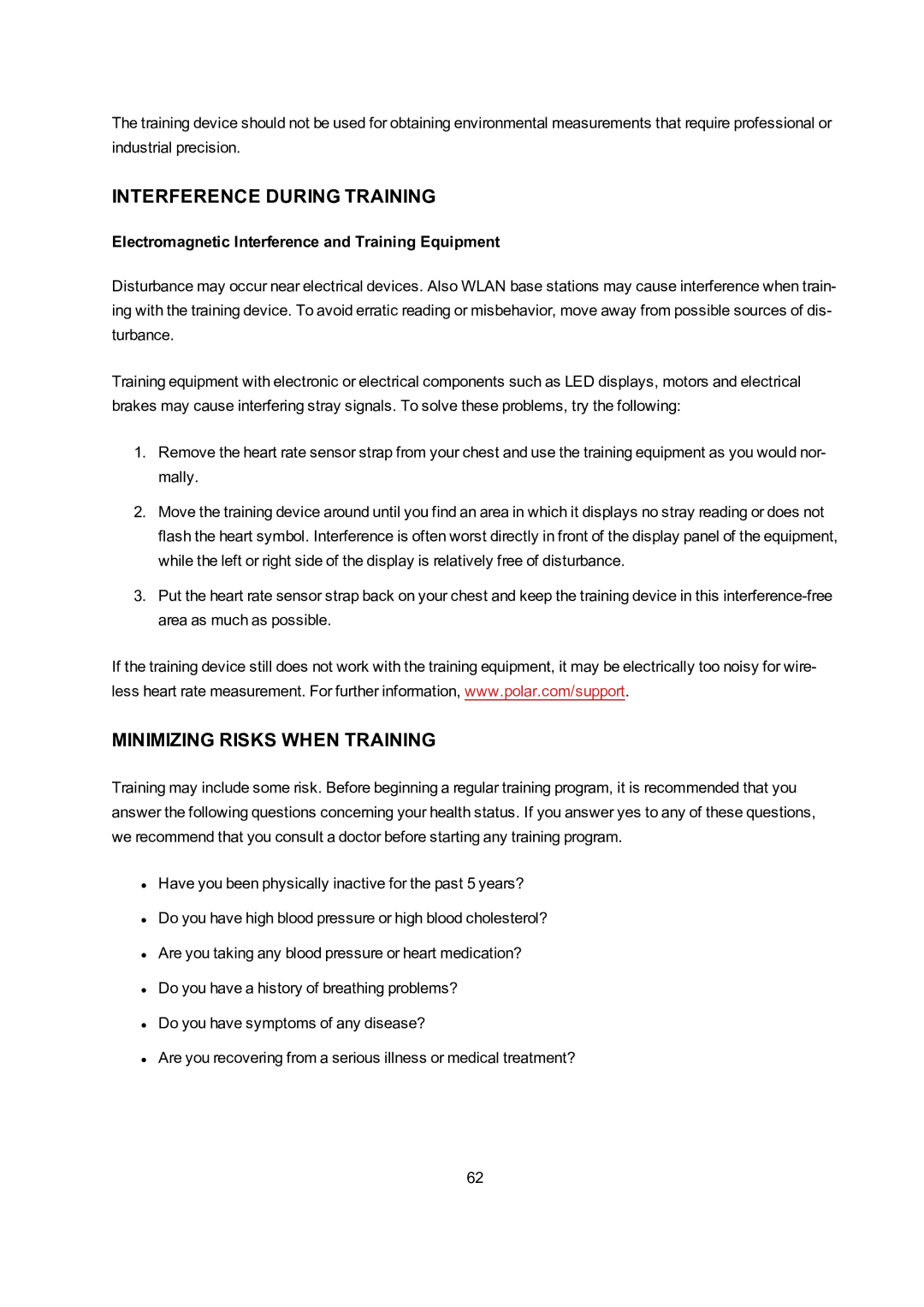 Polar A300 user manual Interference During Training, Minimizing Risks When Training 
