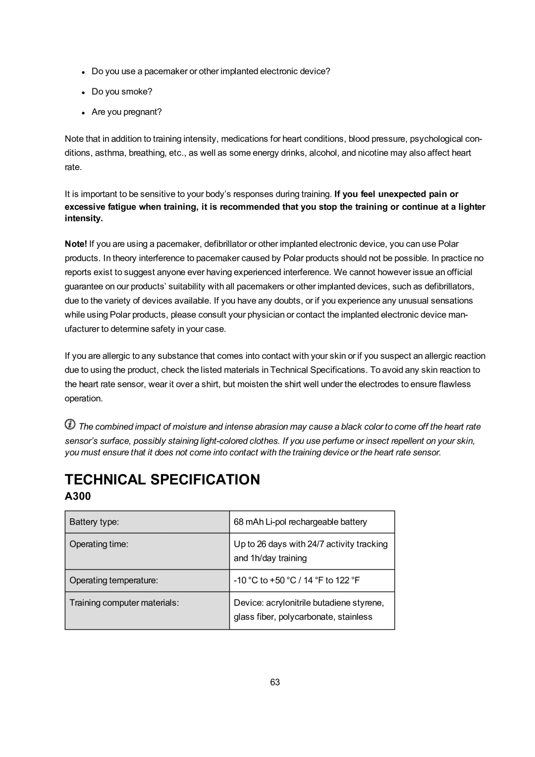 Polar A300 user manual Technical Specification 