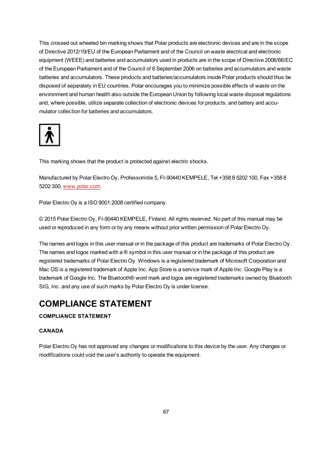 Polar A300 user manual Compliance Statement Canada 