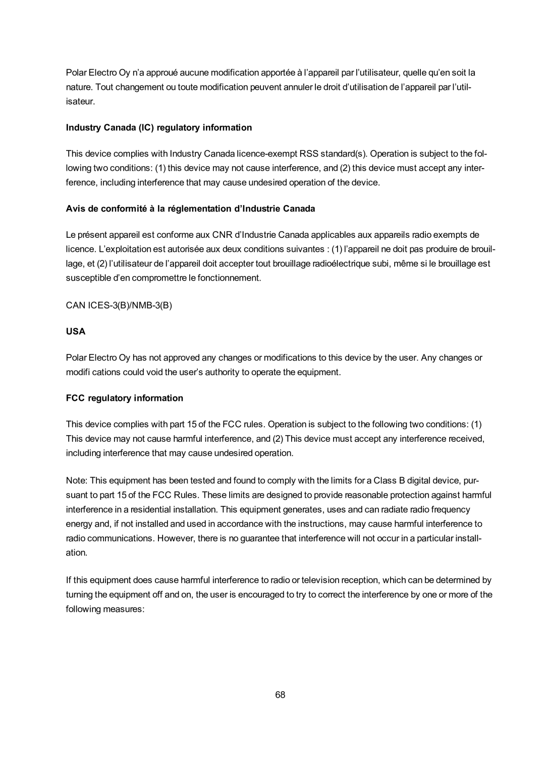 Polar A300 Industry Canada IC regulatory information, Avis de conformité à la réglementation d’Industrie Canada, Usa 