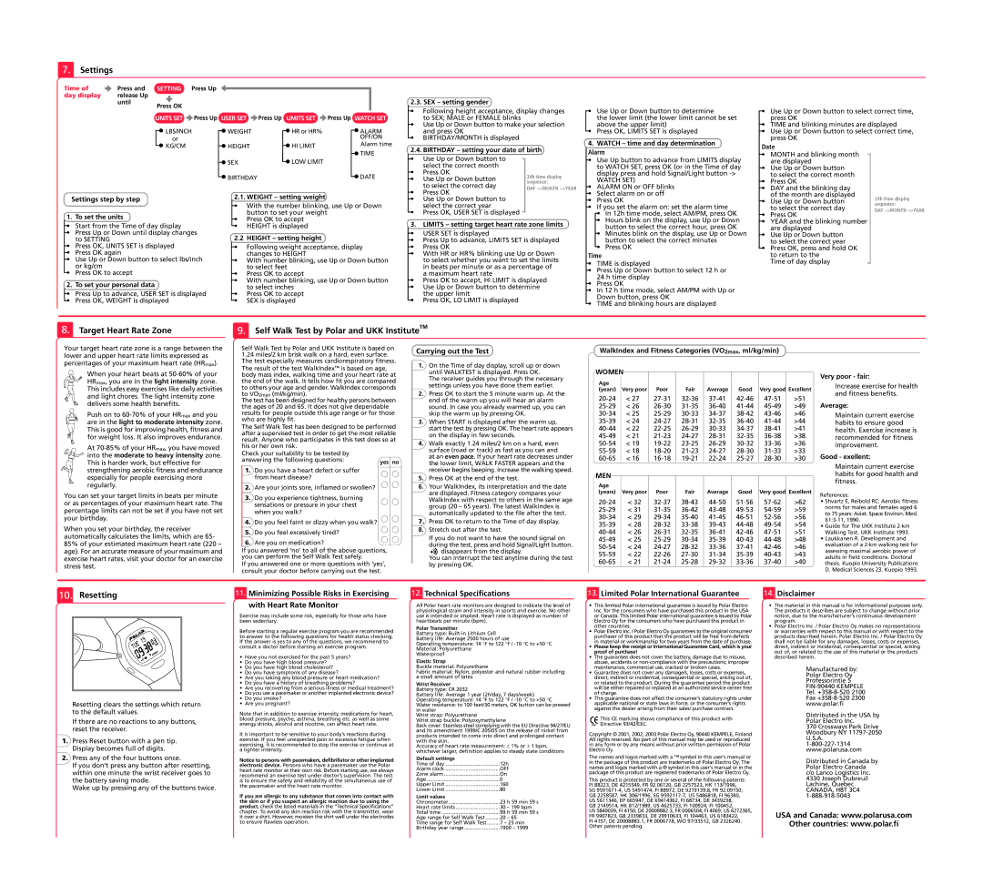 Polar a5 user manual Resetting, Settings step by step, WalkIndex and Fitness Categories VO2max, ml/kg/min 