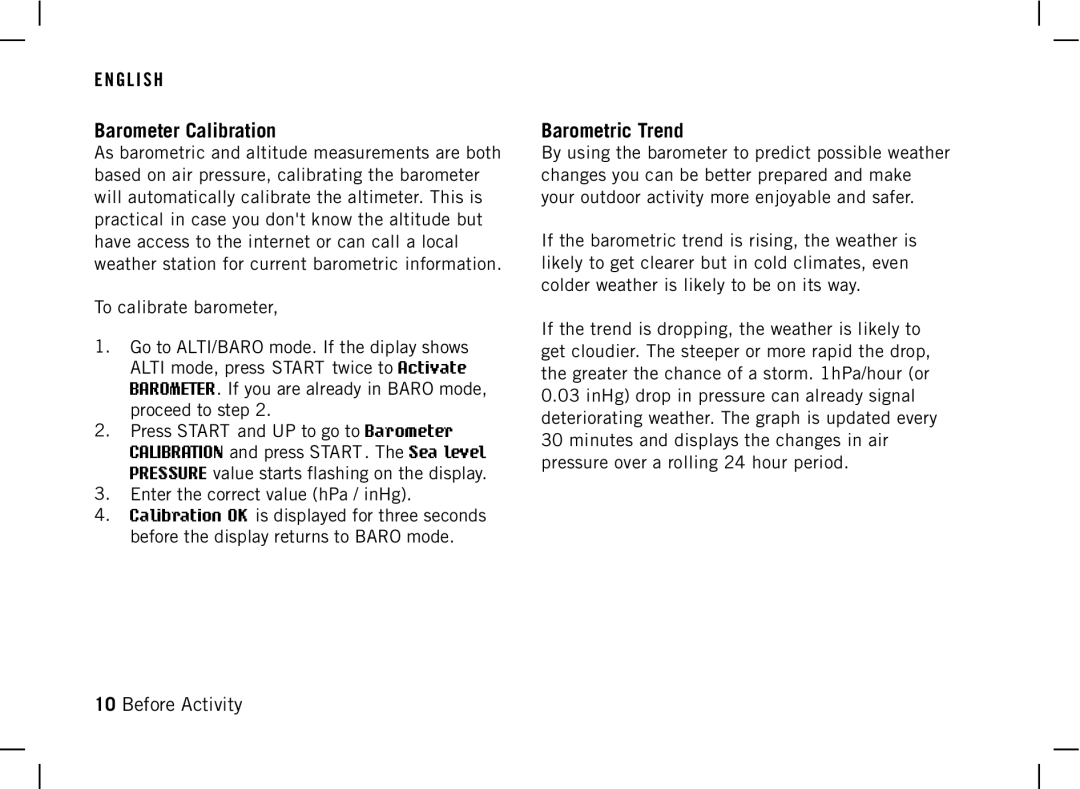 Polar AW200 manual Barometer Calibration, Barometric Trend 