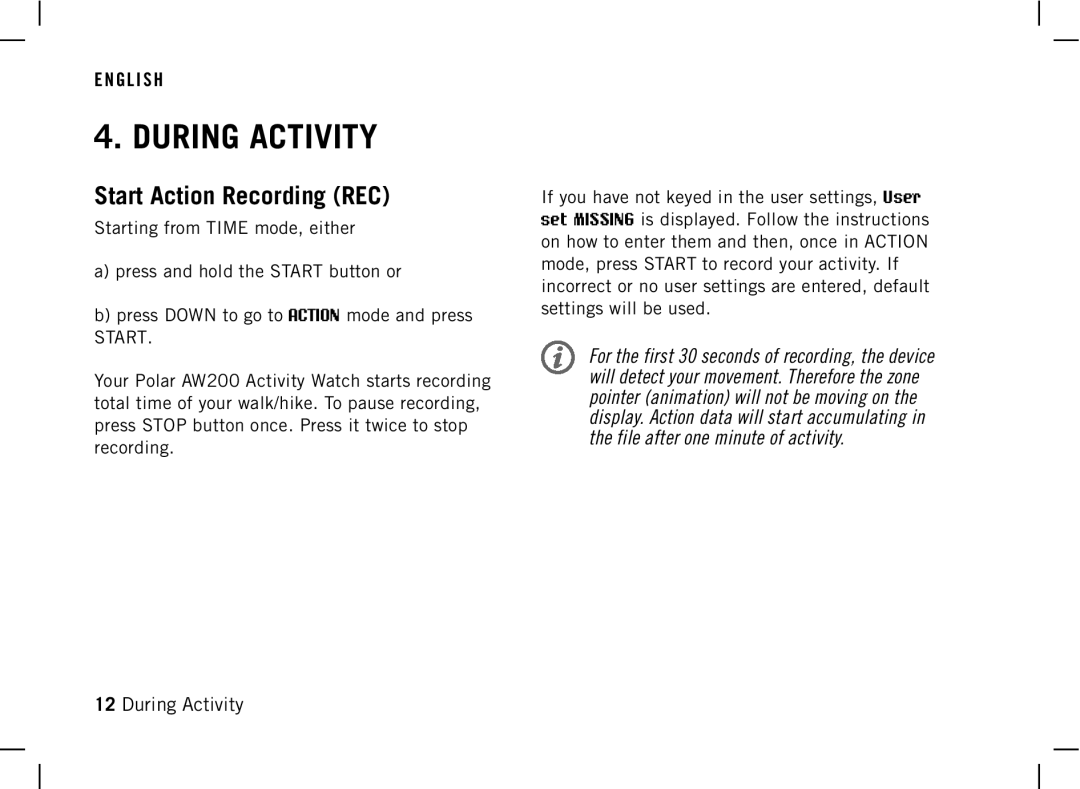 Polar AW200 manual During Activity, Start Action Recording REC 