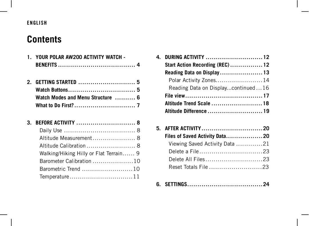 Polar AW200 manual Contents 