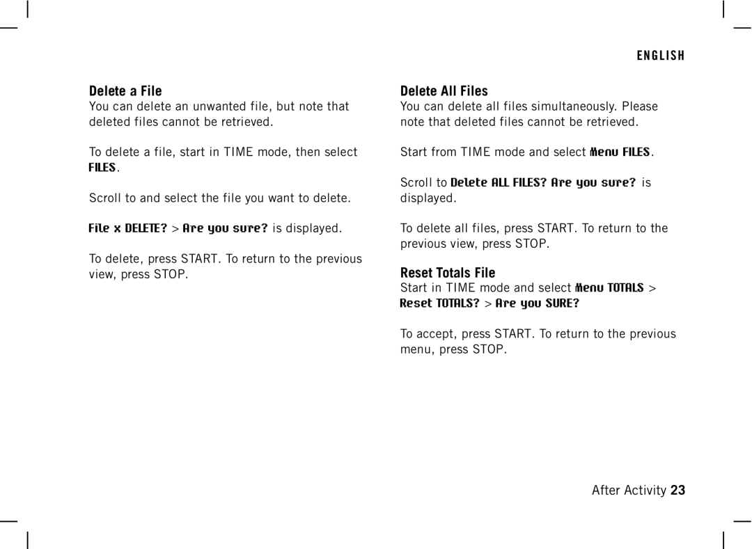 Polar AW200 manual Delete a File, Delete All Files, Reset Totals File 