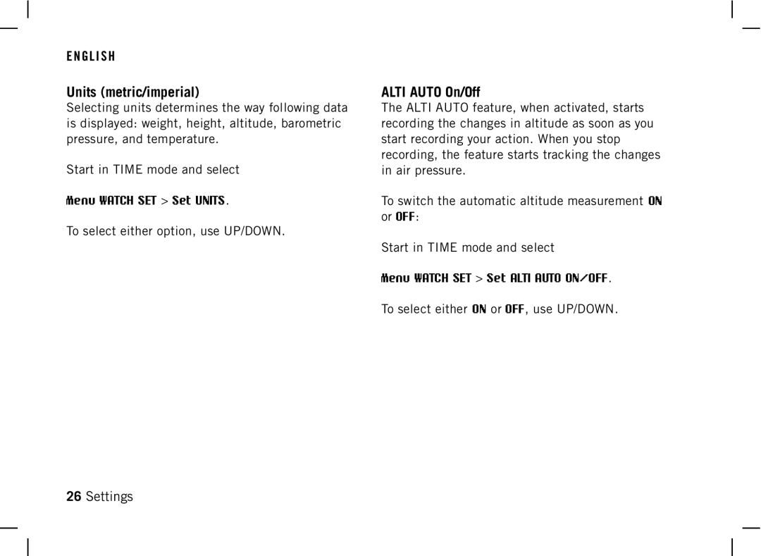 Polar AW200 manual Units metric/imperial, Alti Auto On/Off 