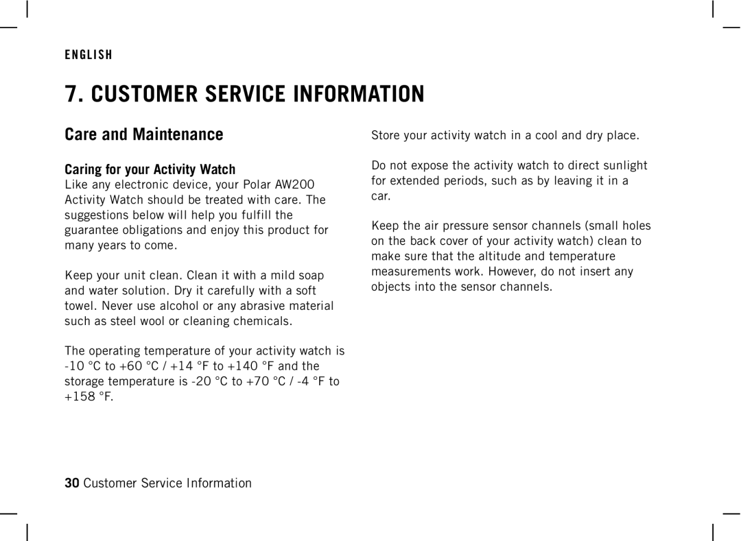 Polar AW200 manual Customer Service Information, Care and Maintenance, Caring for your Activity Watch 