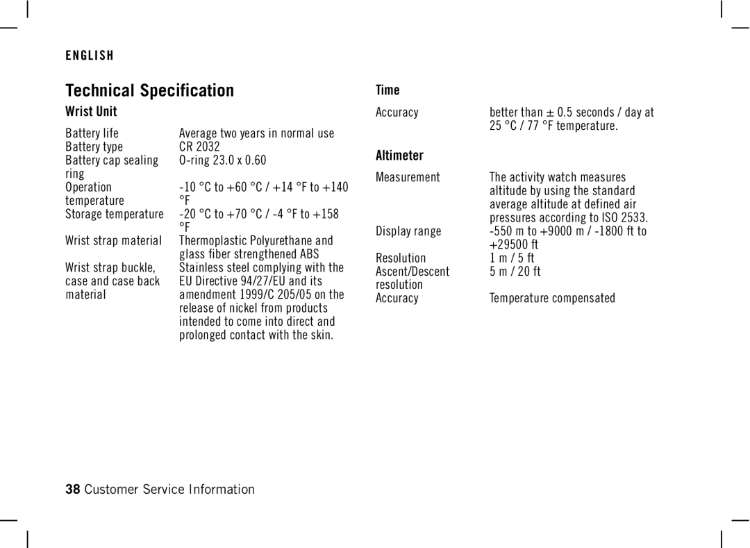 Polar AW200 manual Technical Specification, Wrist Unit, Time, Altimeter 