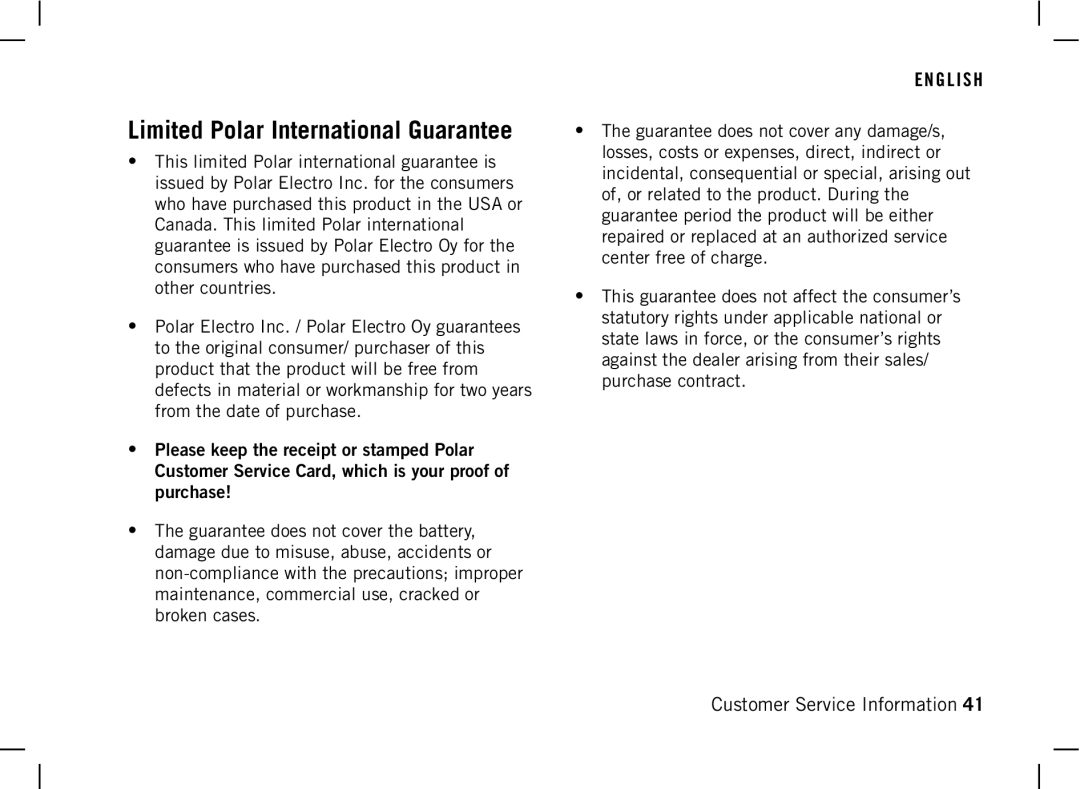 Polar AW200 manual Limited Polar International Guarantee 