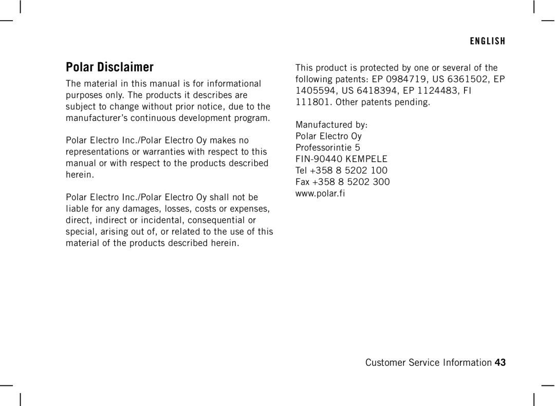 Polar AW200 manual Polar Disclaimer 