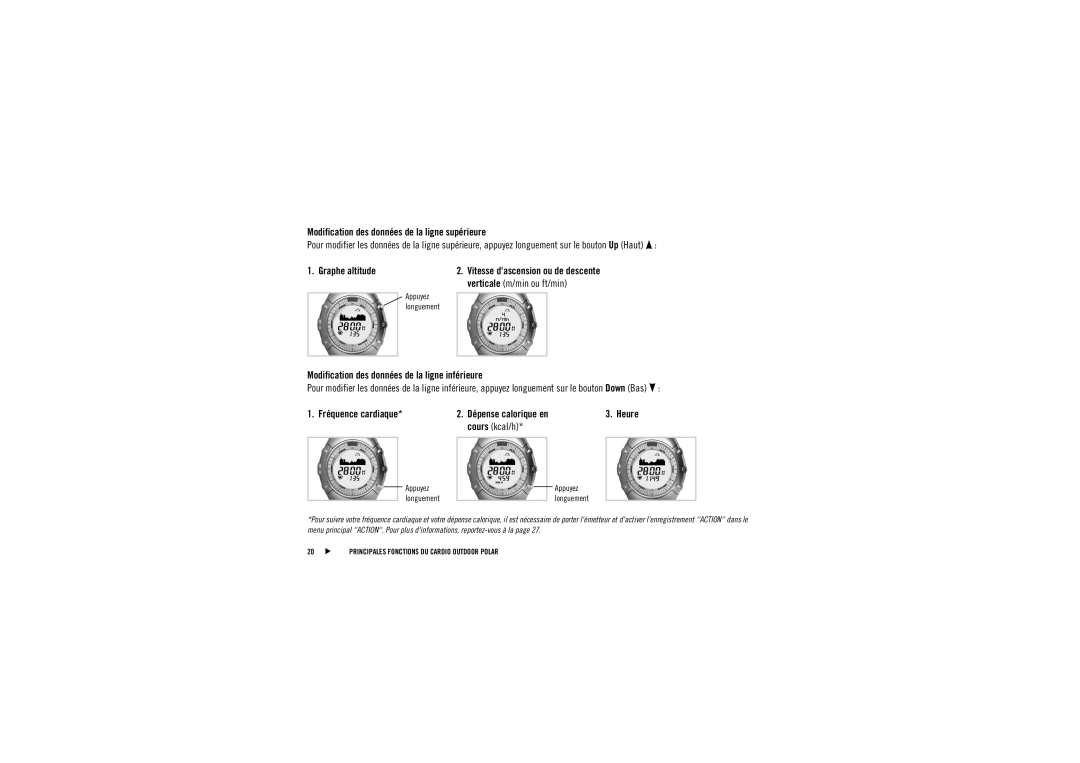 Polar AXN700, AXN500 Verticale m/min ou ft/min, Modification des données de la ligne inférieure, Cours kcal/h 