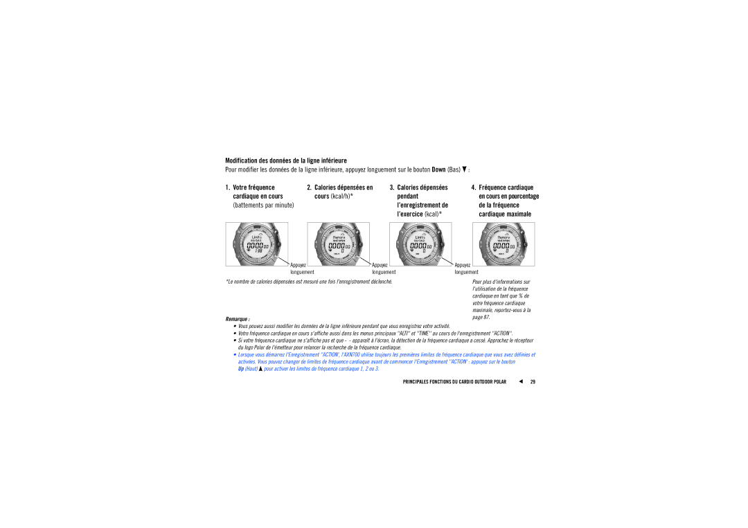 Polar AXN500, AXN700 Votre fréquence, Cardiaque en cours Cours kcal/h Pendant, De la fréquence, ’exercice kcal, Longuement 