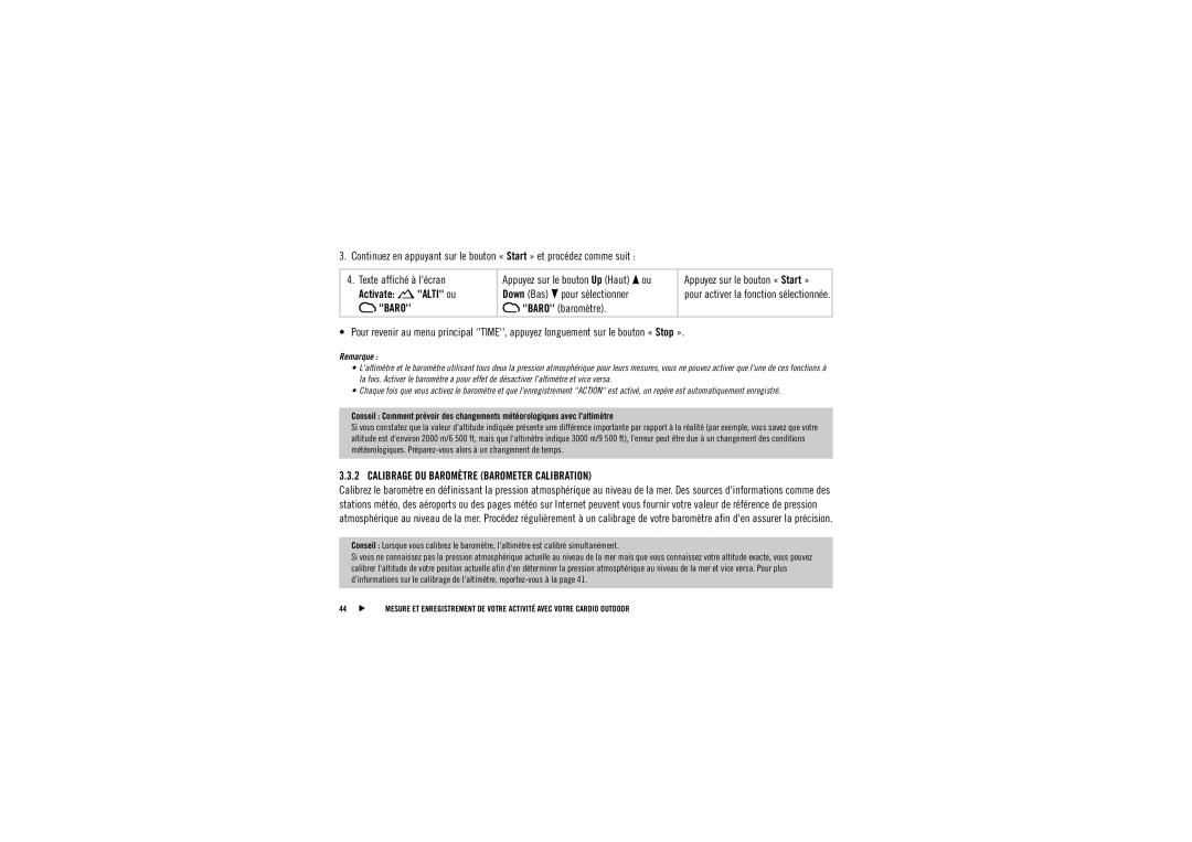 Polar AXN700, AXN500 manuel dutilisation Activate Alti ou Baro, Calibrage DU Baromètre Barometer Calibration 