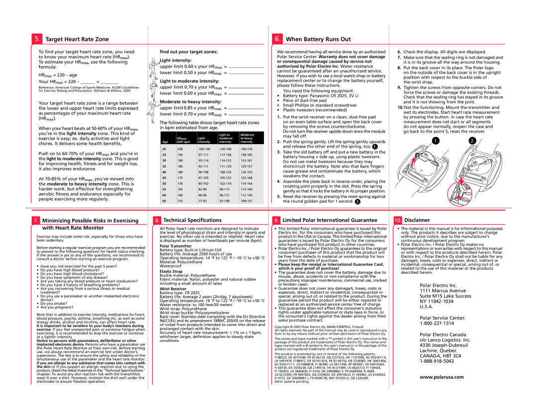 Polar B1 Target Heart Rate Zone, When Battery Runs Out, Technical Specifications, Limited Polar International Guarantee 