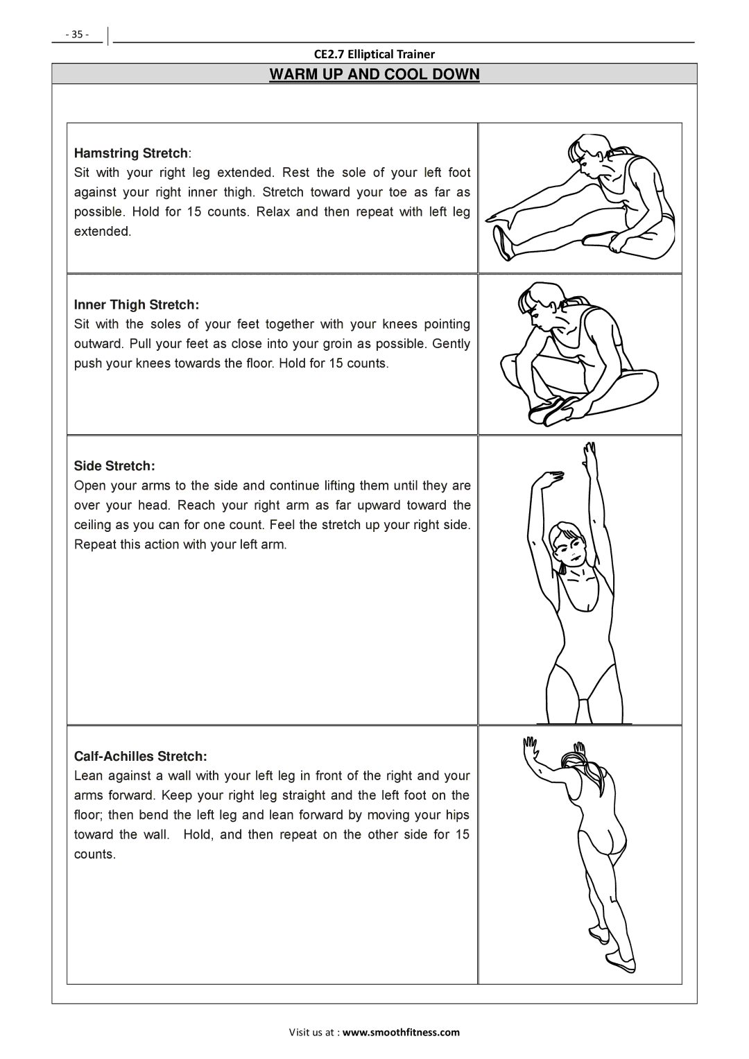 Polar CE2.7 user manual Hamstring Stretch, Inner Thigh Stretch, Side Stretch, Calf-Achilles Stretch 