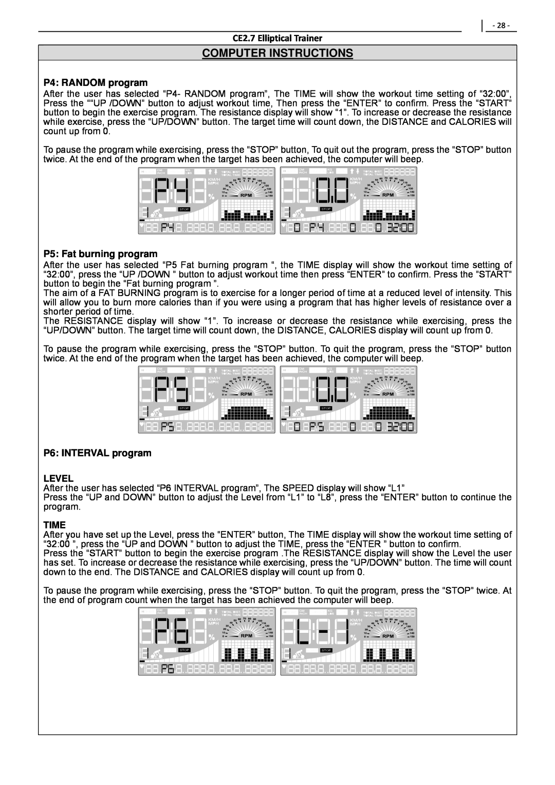 Polar CE2.7 user manual P4 RANDOM program, P5 Fat burning program, P6 INTERVAL program, Computer Instructions, Level, Time 