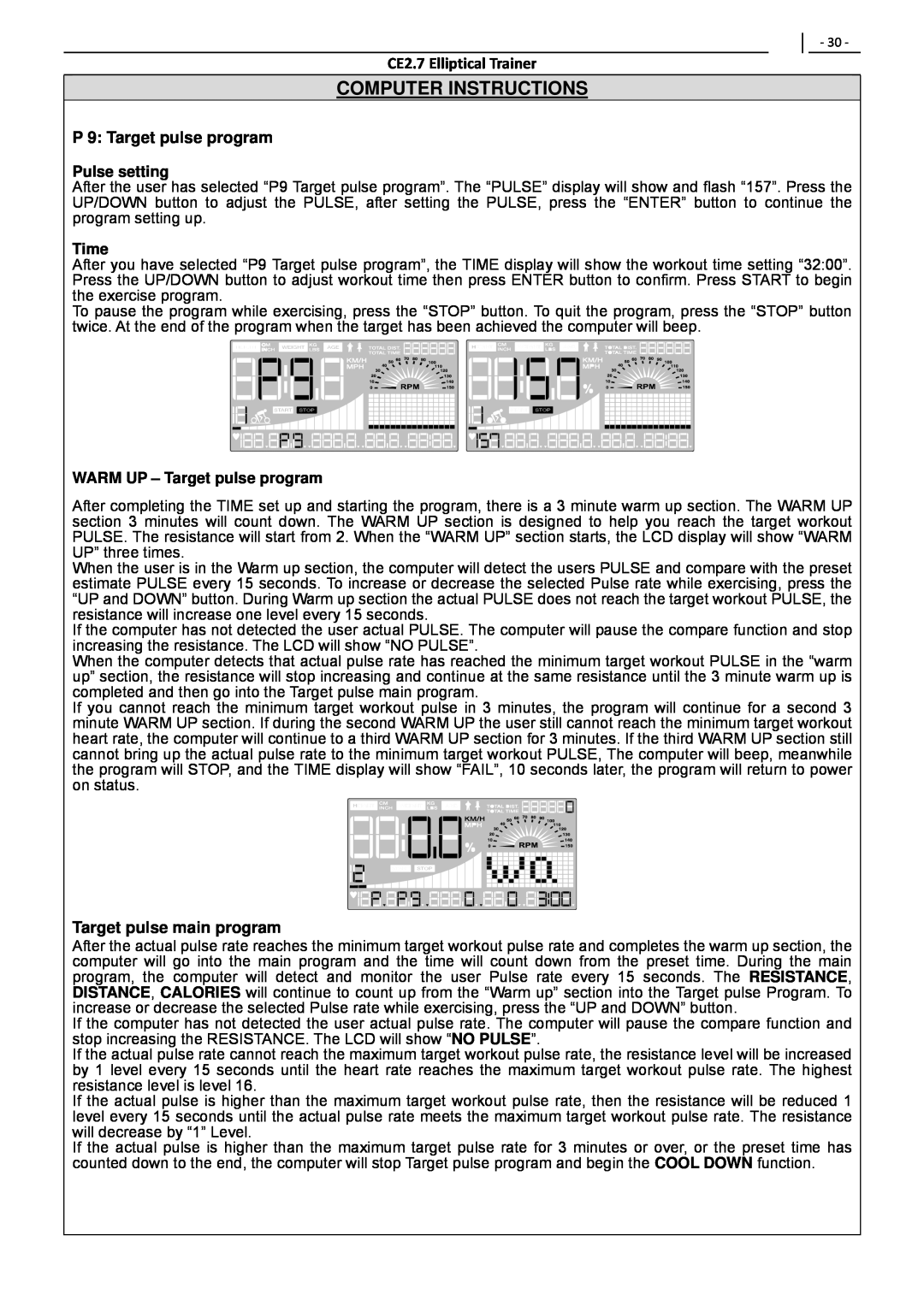 Polar P 9 Target pulse program, Target pulse main program, Computer Instructions, CE2.7 Elliptical Trainer, Time 