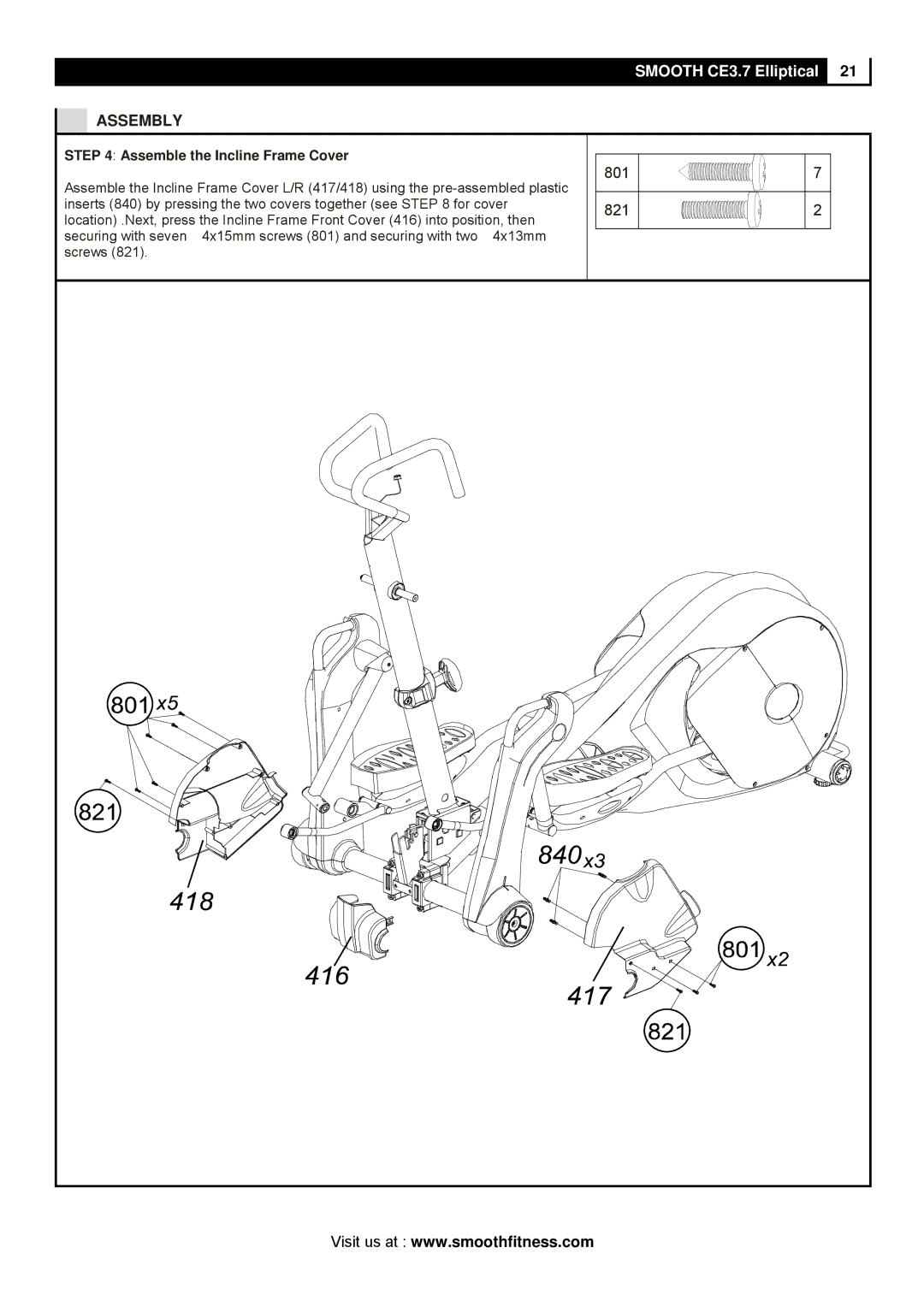 Polar CE3.7 user manual 801, Assemble the Incline Frame Cover 