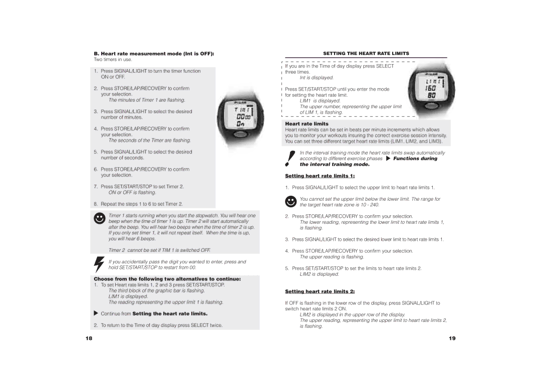 Polar COACH Heart rate measurement mode Int is OFF, Continue from Setting the heart rate limits, Heart rate limits 