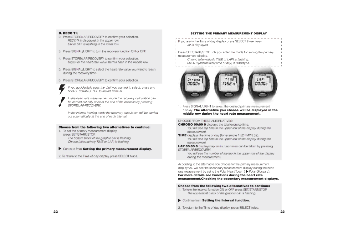 Polar COACH user manual Continue from Setting the primary measurement display, Choose from These Alternatives 