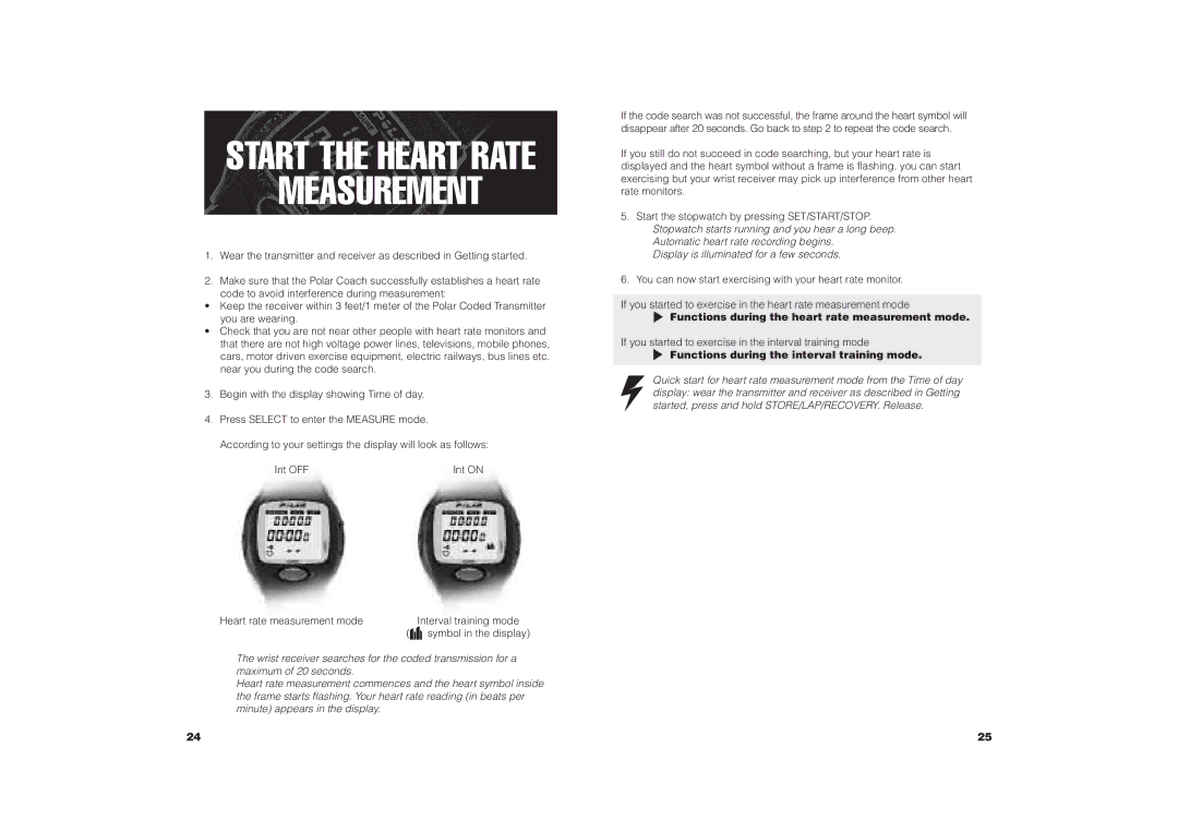 Polar COACH user manual Measurement, Interval training mode, Functions during the heart rate measurement mode 