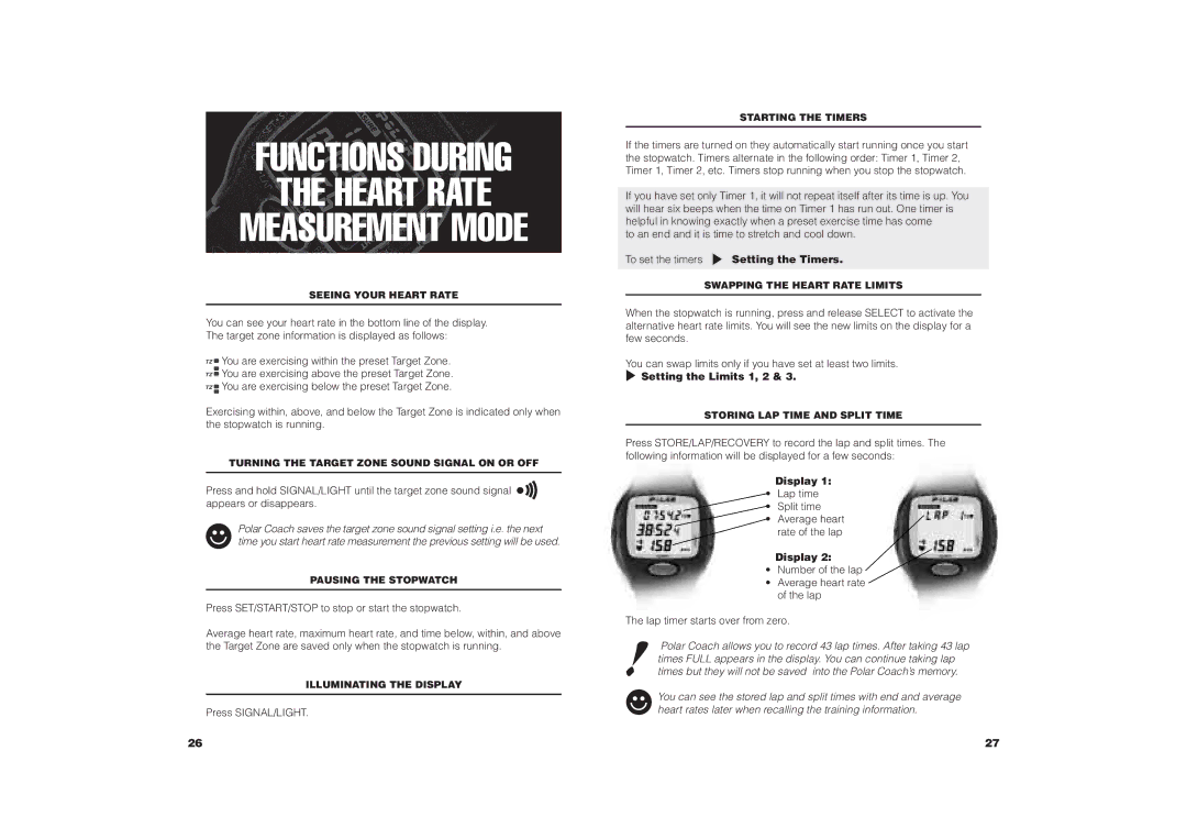 Polar COACH user manual Heart Rate, To set the timers Setting the Timers, Setting the Limits 1, 2, Display 