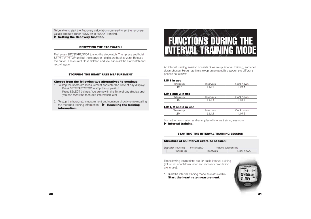 Polar COACH Setting the Recovery function, LIM1 in use, LIM1 and 2 in use, LIM1, 2 and 3 in use, Interval training 