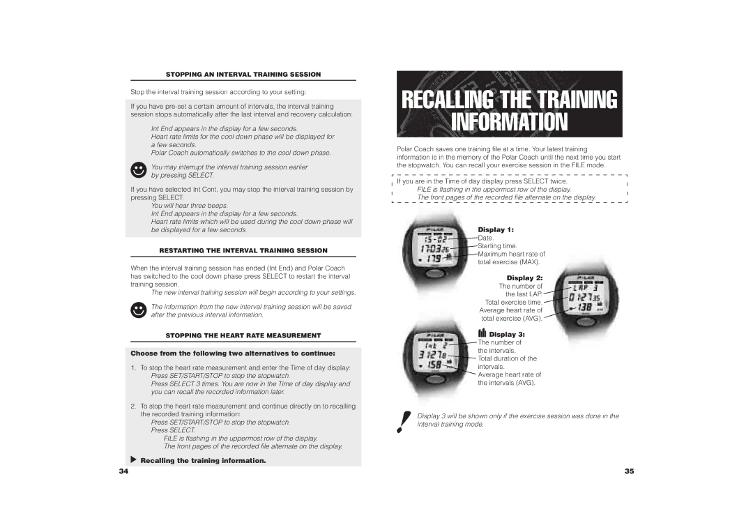 Polar COACH user manual Information, Recalling the training information, Stopping AN Interval Training Session 