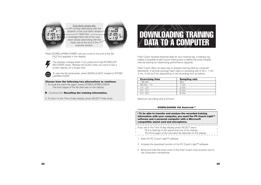 Polar COACH Cool down phase info, Continue from Recalling the training information, Exercising time Sampling rate 