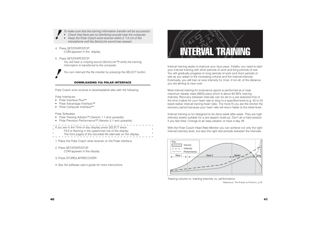 Polar COACH user manual COM appears in the display, Training volume vs. training intensity vs. performance 