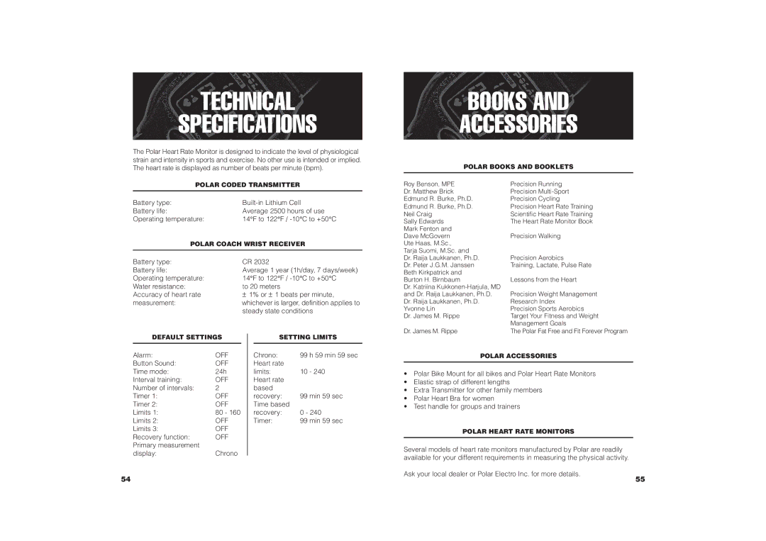 Polar COACH user manual Technical Specifications, Books Accessories, Off 