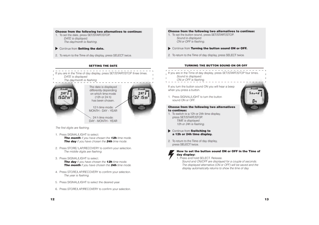 Polar COACH user manual Day/month is flashing, Continue from Setting the date, First digits are flashing 