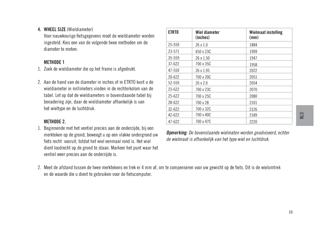 Polar CS300 user manual Wheel Size Wieldiameter, Zoek de wieldiameter die op het frame is afgedrukt 