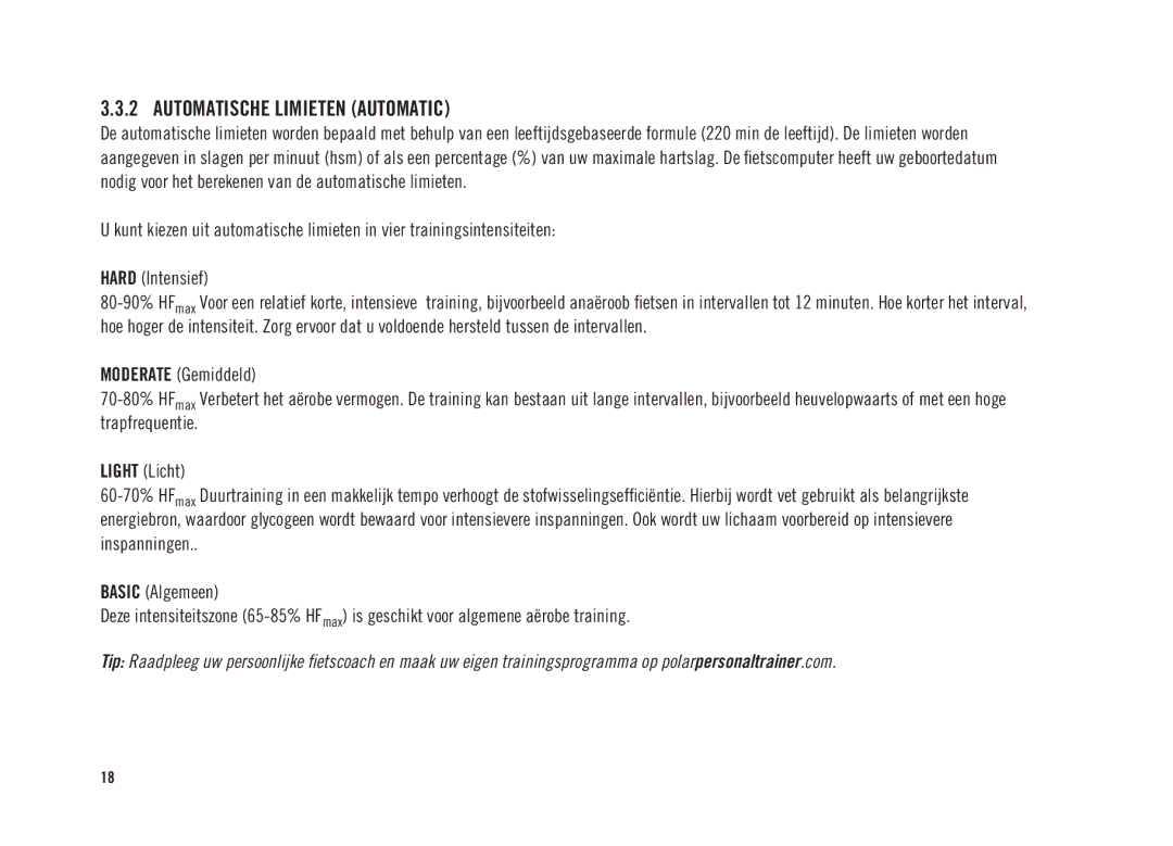 Polar CS300 user manual Automatische Limieten Automatic 