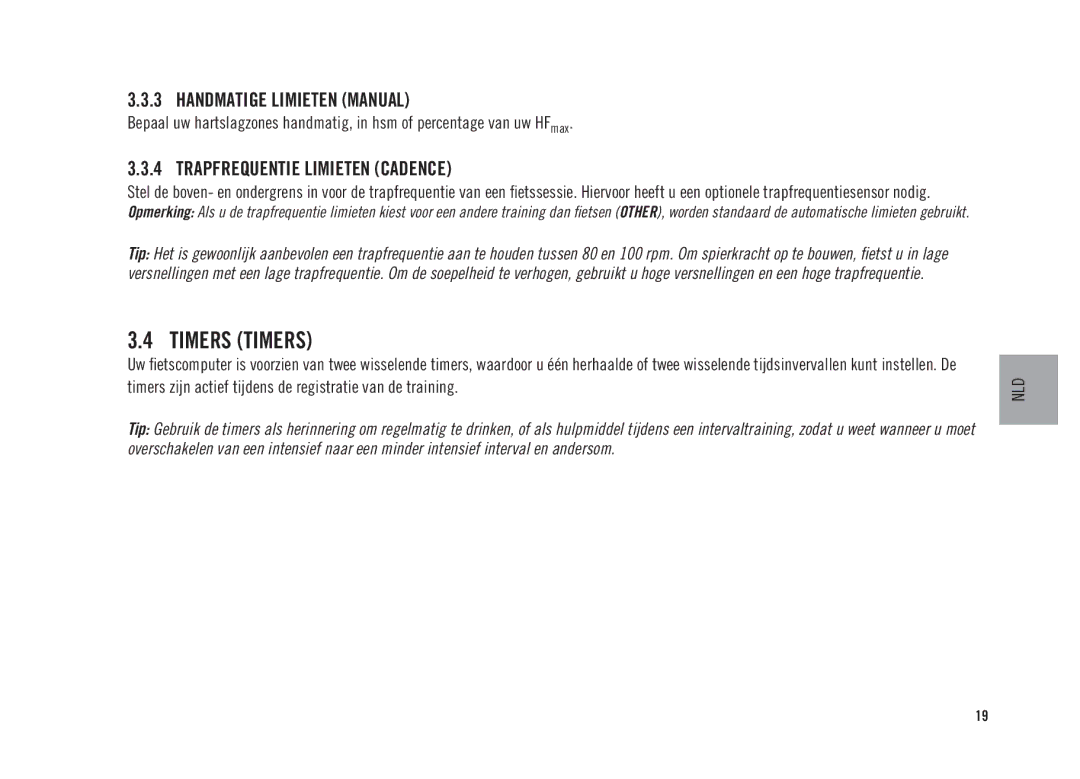 Polar CS300 user manual Timers Timers, Handmatige Limieten Manual, Trapfrequentie Limieten Cadence 