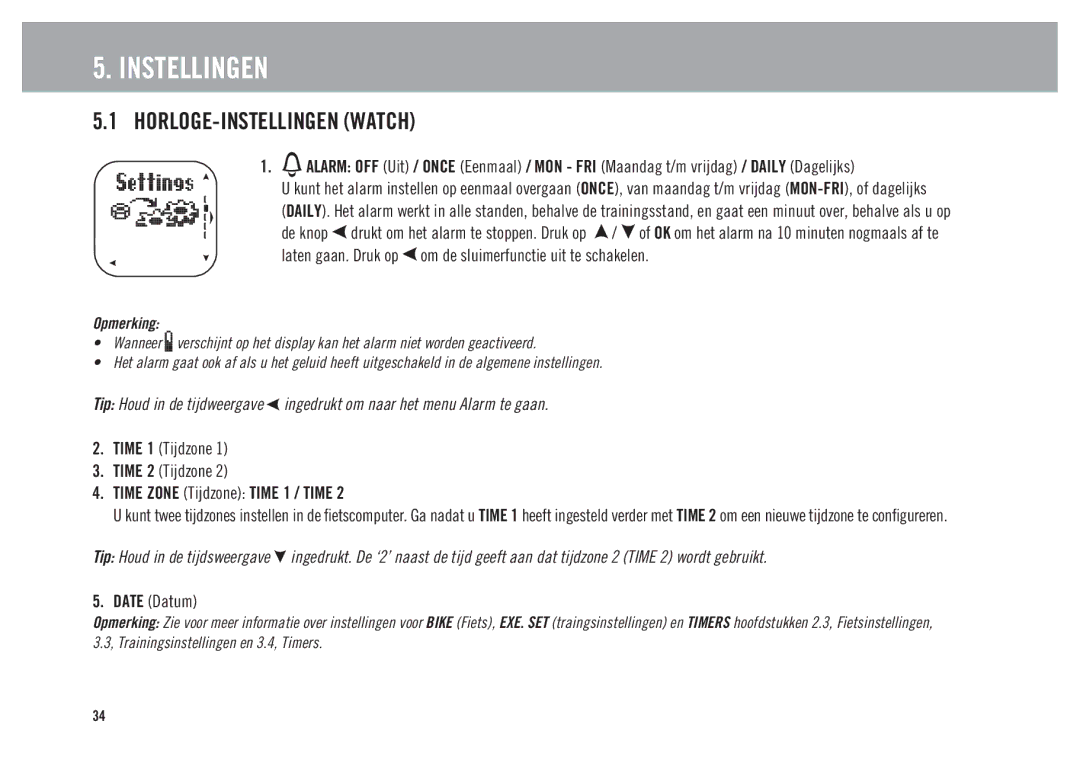 Polar CS300 user manual Instellingen, HORLOGE-INSTELLINGEN Watch, Date Datum 