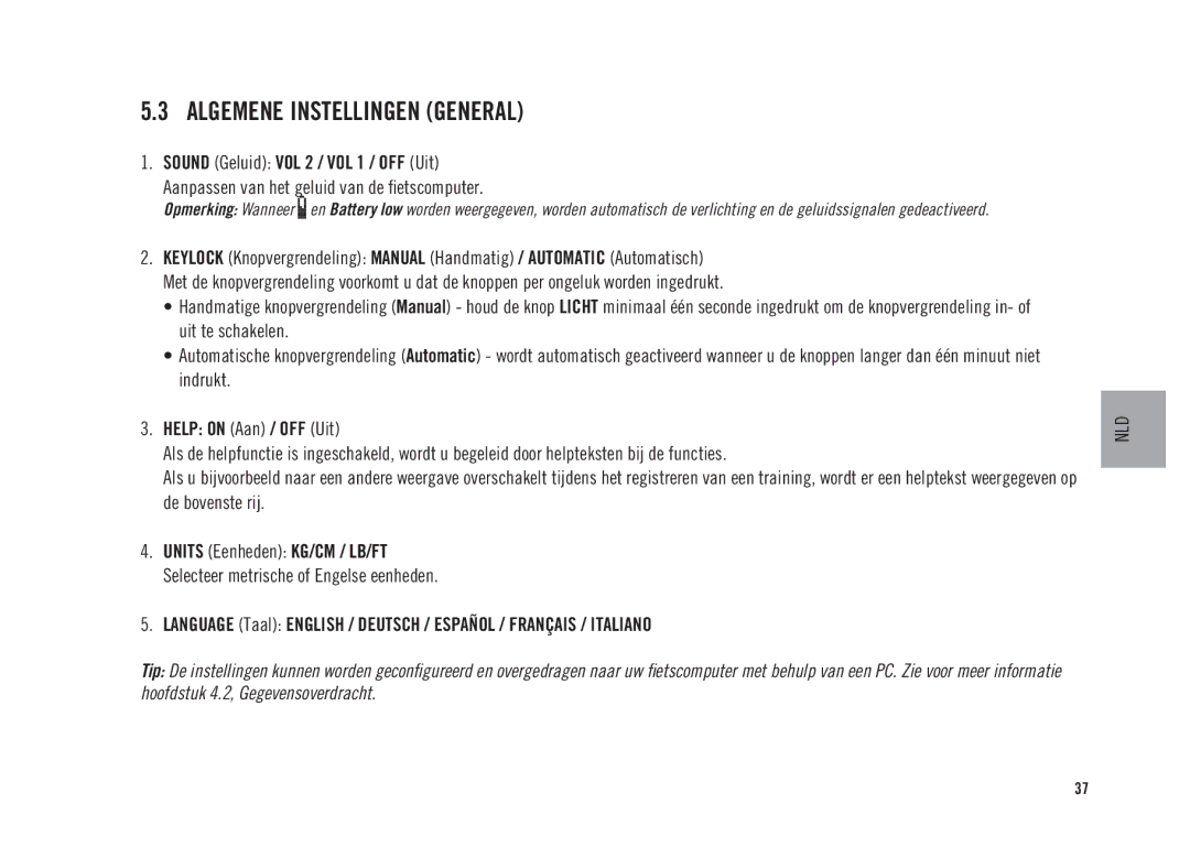 Polar CS300 user manual Algemene Instellingen General 