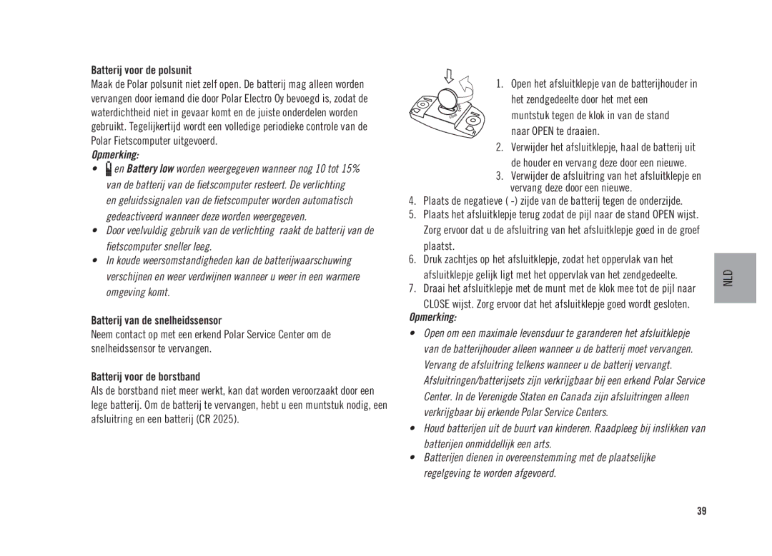 Polar CS300 user manual Batterij voor de polsunit, Batterij van de snelheidssensor, Batterij voor de borstband 