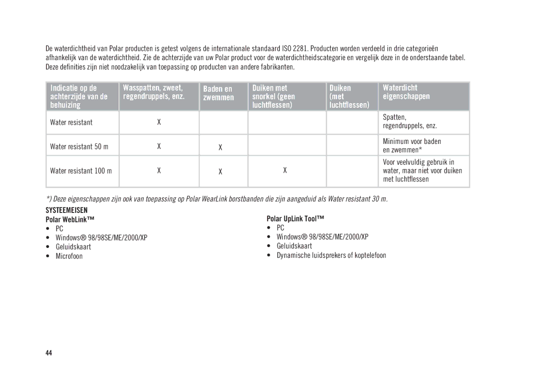 Polar CS300 user manual Polar UpLink Tool, Polar WebLink, Windows 98/98SE/ME/2000/XP, Geluidskaart Microfoon 